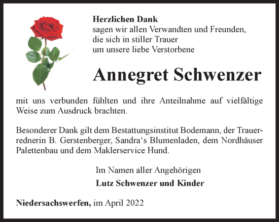 Traueranzeige von Annegret Schwenzer