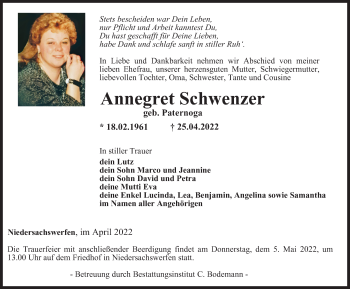 Traueranzeige von Annegret Schwenzer