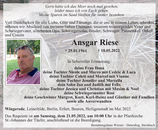 Traueranzeige von Ansgar Riese von Thüringer Allgemeine
