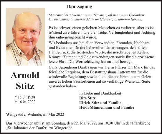 Traueranzeige von Arnold Stitz von Thüringer Allgemeine
