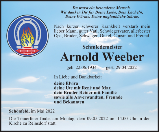 Traueranzeige von Arnold Weeber von Ostthüringer Zeitung