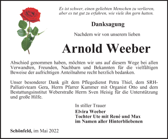 Traueranzeige von Arnold Weeber von Ostthüringer Zeitung