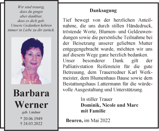 Traueranzeige von Barbara Werner von Thüringer Allgemeine