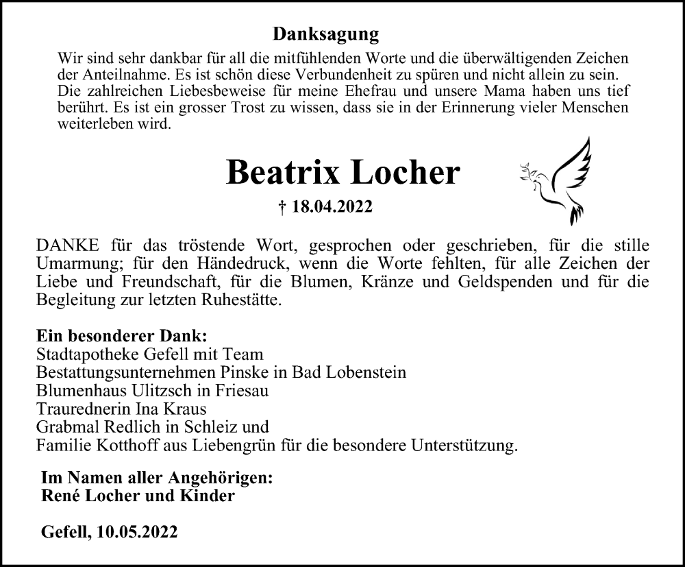 Traueranzeigen von Beatrix Locher trauer in thueringen.de