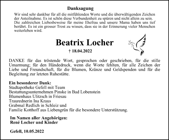 Traueranzeige von Beatrix Locher von Ostthüringer Zeitung