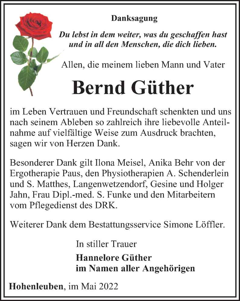  Traueranzeige für Bernd Güther vom 07.05.2022 aus Ostthüringer Zeitung