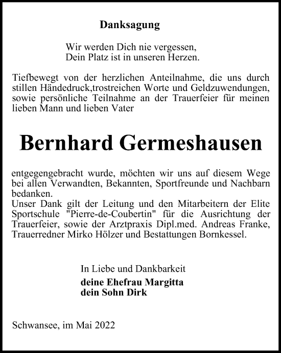 Traueranzeige von Bernhard Germeshausen von Thüringer Allgemeine, Thüringische Landeszeitung