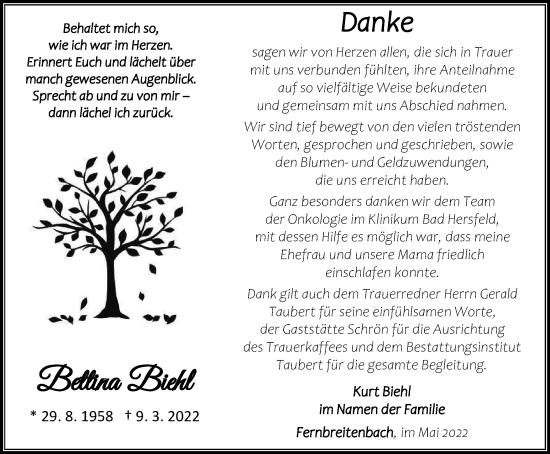 Traueranzeige von Bettina Biehl von Thüringer Allgemeine, Thüringische Landeszeitung