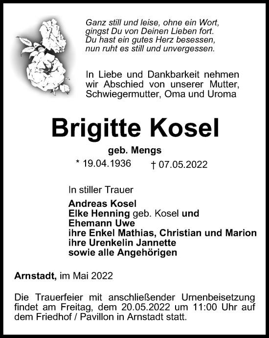 Traueranzeige von Brigitte Kosel von Thüringer Allgemeine