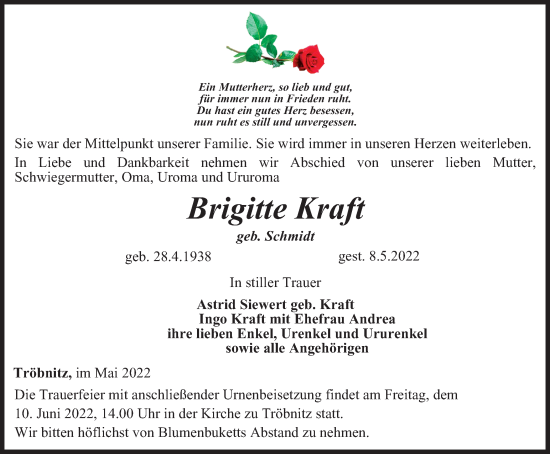 Traueranzeige von Brigitte Kraft von Ostthüringer Zeitung