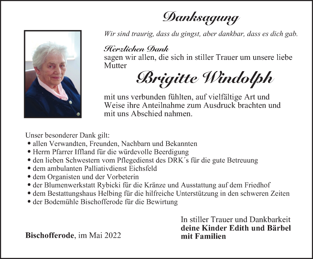  Traueranzeige für Brigitte Windolph vom 07.05.2022 aus Thüringer Allgemeine