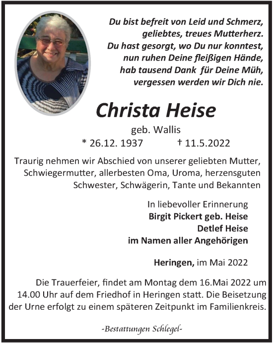 Traueranzeige von Christa Heise von Thüringer Allgemeine
