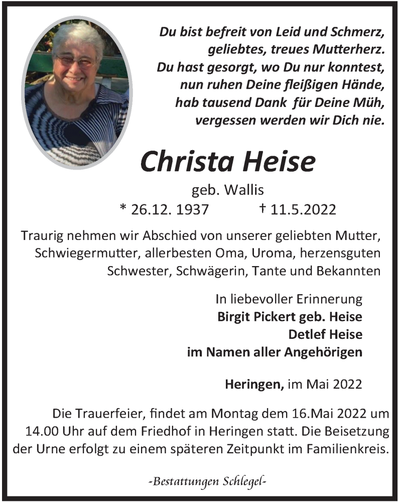  Traueranzeige für Christa Heise vom 14.05.2022 aus Thüringer Allgemeine
