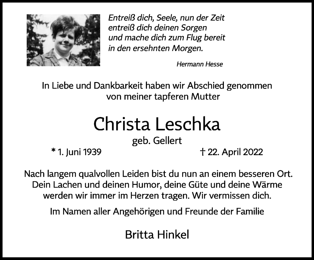  Traueranzeige für Christa Leschka vom 07.05.2022 aus Thüringer Allgemeine, Thüringische Landeszeitung