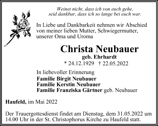 Traueranzeige von Christa Neubauer von Ostthüringer Zeitung