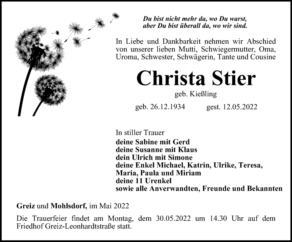  Traueranzeige für Christa Stier vom 20.05.2022 aus Ostthüringer Zeitung