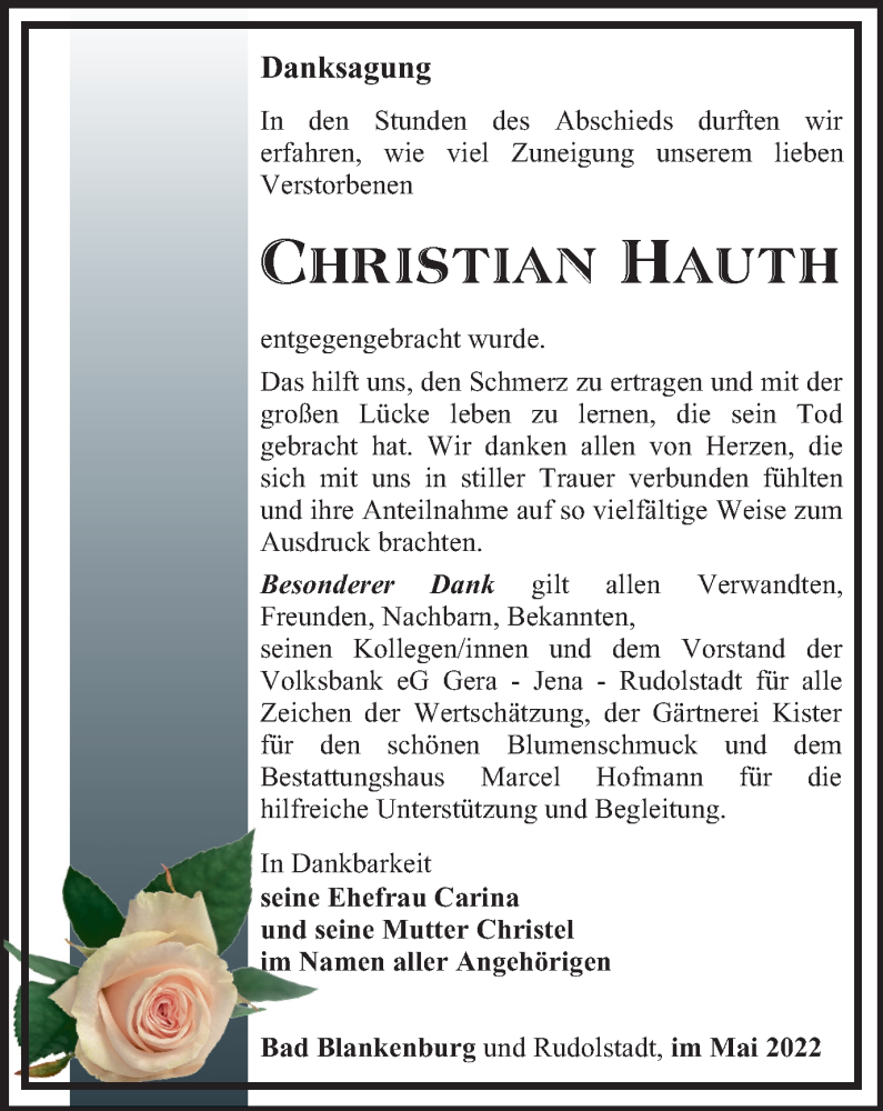  Traueranzeige für Christian Hauth vom 14.05.2022 aus Ostthüringer Zeitung