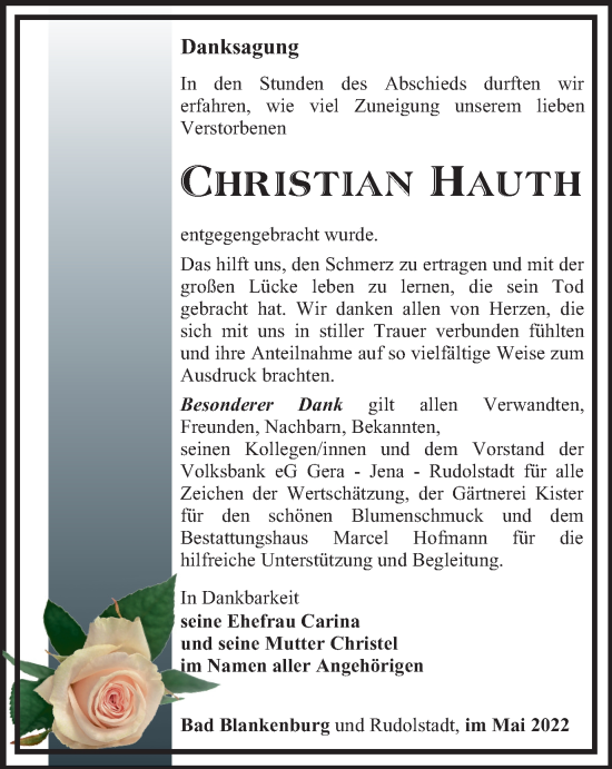 Traueranzeige von Christian Hauth von Ostthüringer Zeitung