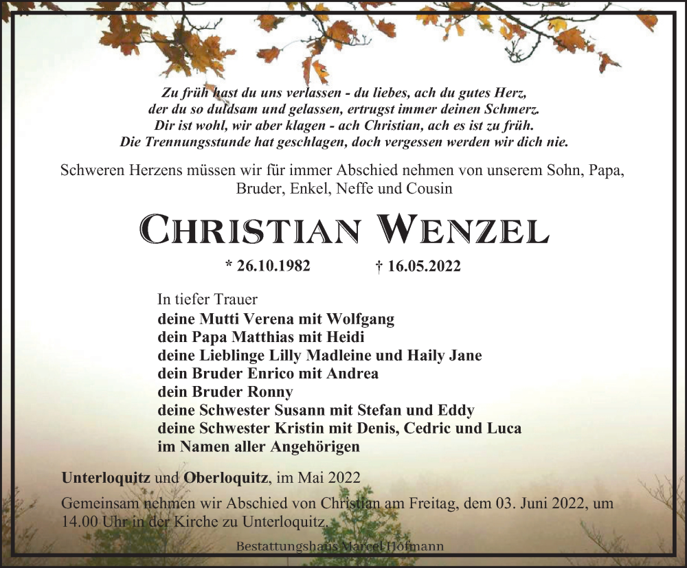  Traueranzeige für Christian Wenzel vom 21.05.2022 aus Ostthüringer Zeitung