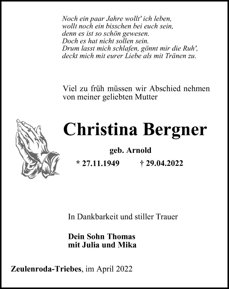  Traueranzeige für Christina Bergner vom 07.05.2022 aus Ostthüringer Zeitung