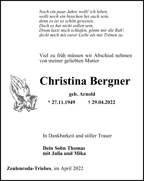 Traueranzeige von Christina Bergner von Ostthüringer Zeitung