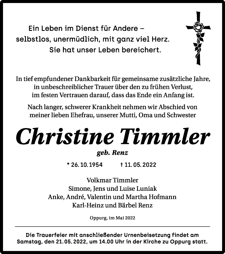  Traueranzeige für Christine Timmler vom 14.05.2022 aus Ostthüringer Zeitung