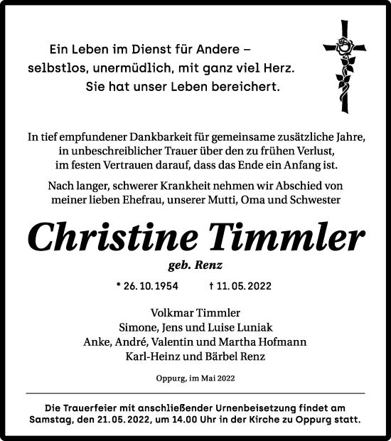Traueranzeige von Christine Timmler von Ostthüringer Zeitung