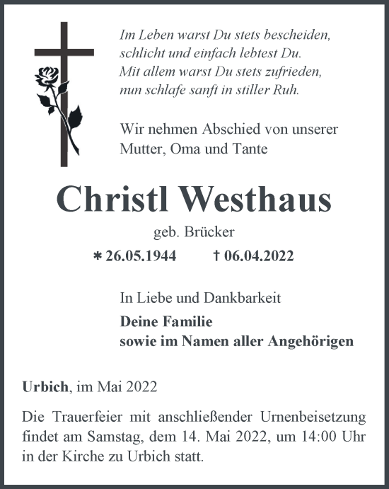 Traueranzeige von Christl Westhaus von Thüringer Allgemeine, Thüringische Landeszeitung