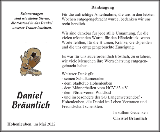 Traueranzeige von Daniel Bräunlich von Ostthüringer Zeitung