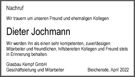 Traueranzeige von Dieter Jochmann von Thüringer Allgemeine