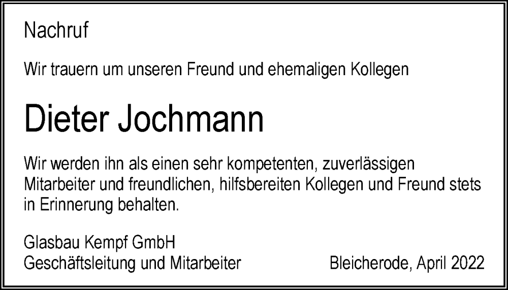  Traueranzeige für Dieter Jochmann vom 07.05.2022 aus Thüringer Allgemeine