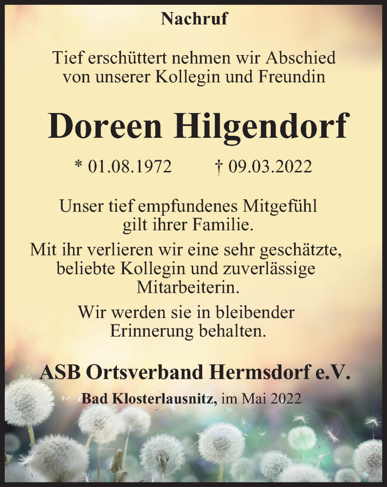 Traueranzeige für Doreen Hilgendorf vom 07.05.2022 aus Ostthüringer Zeitung