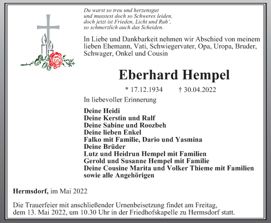 Traueranzeige von Eberhard Hempel von Ostthüringer Zeitung