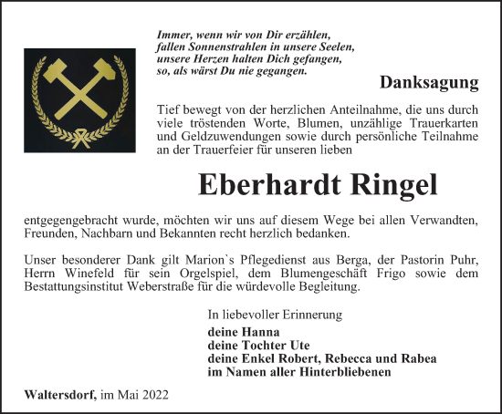 Traueranzeige von Eberhardt Ringel von Ostthüringer Zeitung