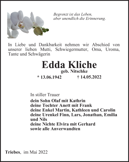 Traueranzeige von Edda Kliche von Ostthüringer Zeitung