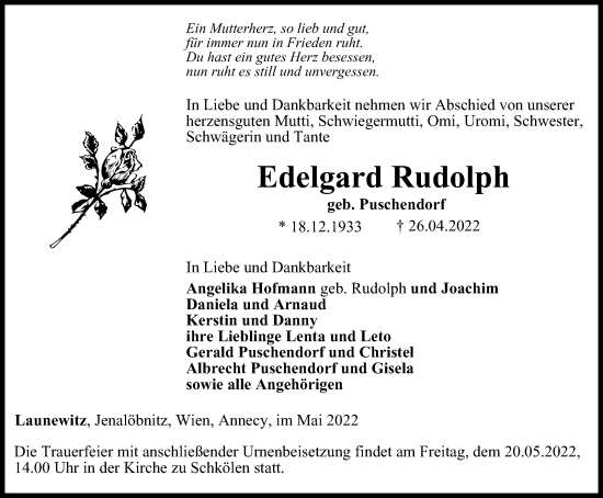 Traueranzeige von Edelgard Rudolph von Ostthüringer Zeitung
