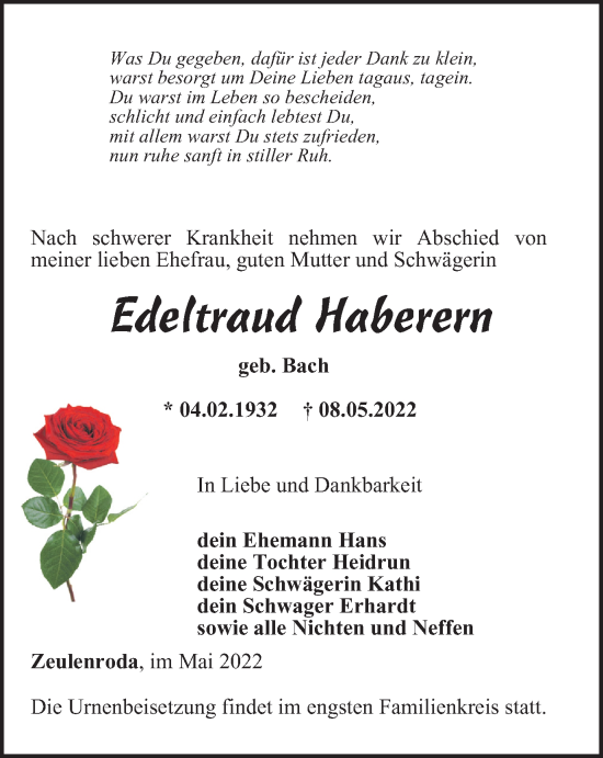 Traueranzeige von Edeltraud Haberern von Ostthüringer Zeitung