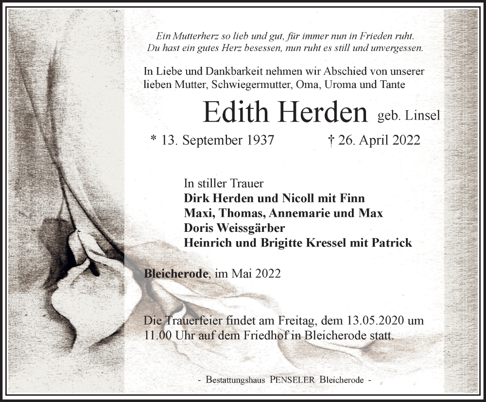  Traueranzeige für Edith Herden vom 07.05.2022 aus Thüringer Allgemeine