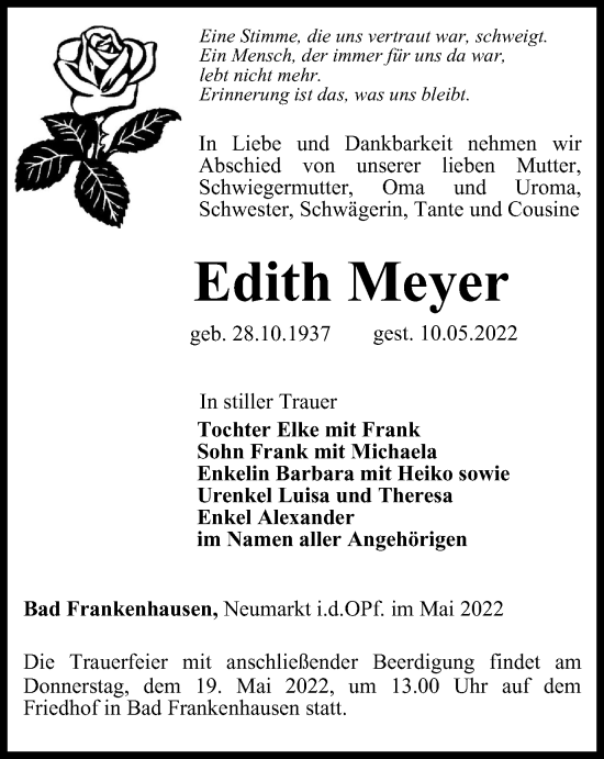Traueranzeige von Edith Meyer von Thüringer Allgemeine