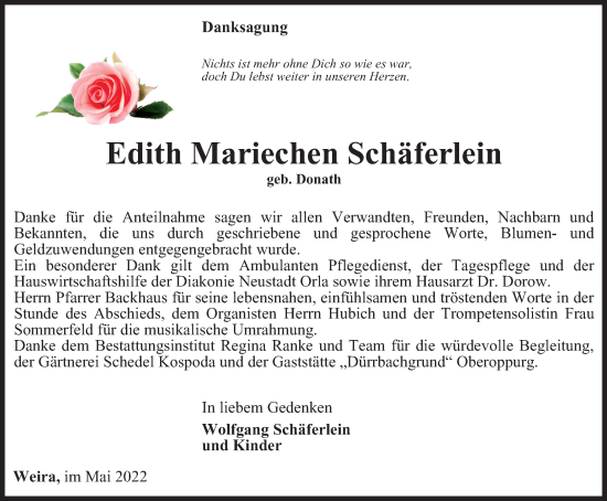 Traueranzeige von Edith Mariechen Schäferlein von Ostthüringer Zeitung