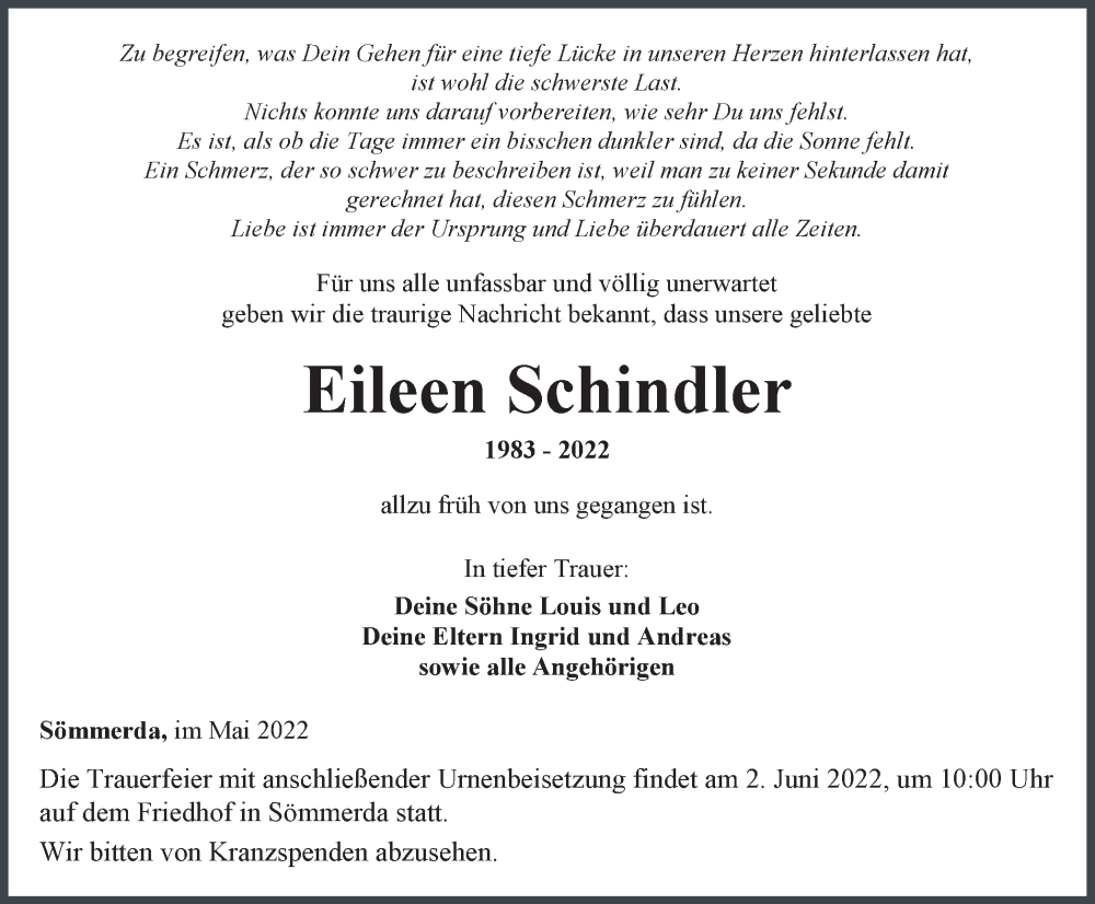  Traueranzeige für Eileen Schindler vom 25.05.2022 aus Thüringer Allgemeine
