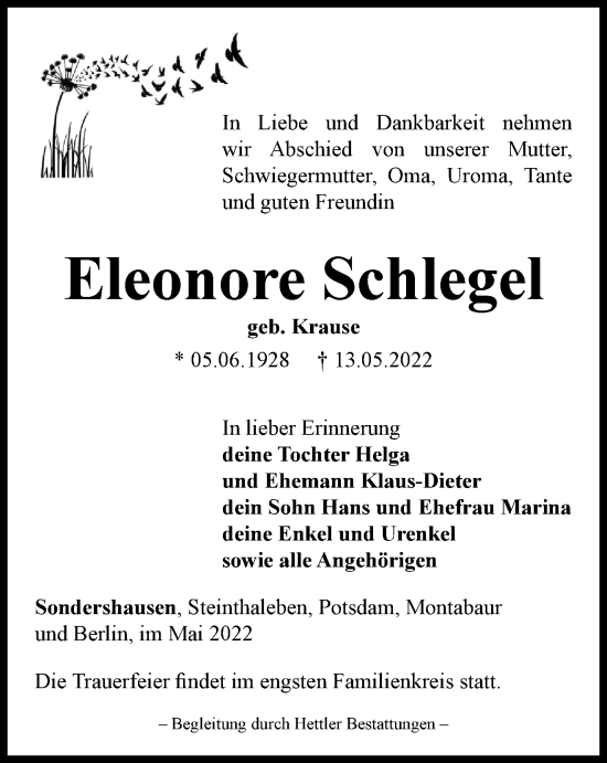 Traueranzeige von Eleonore Schlegel von Thüringer Allgemeine