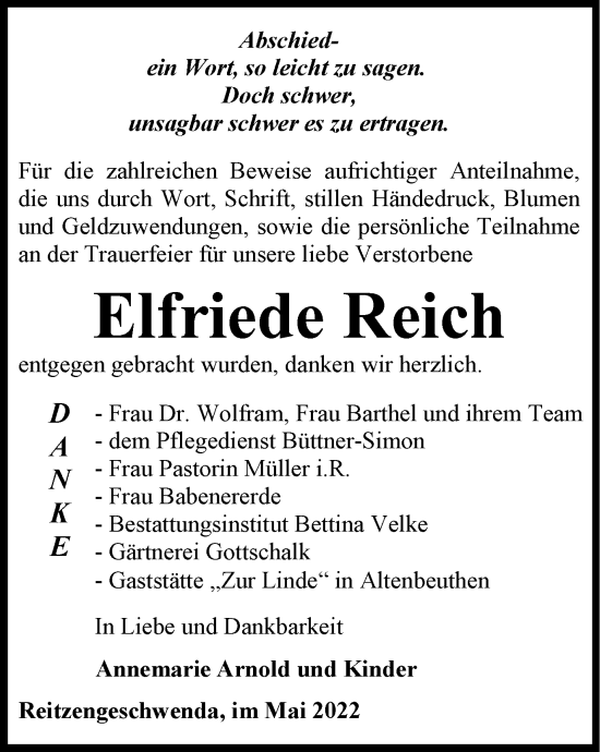 Traueranzeige von Elfriede Reich von Ostthüringer Zeitung