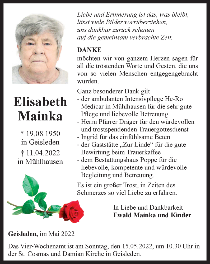  Traueranzeige für Elisabeth Mainka vom 07.05.2022 aus Thüringer Allgemeine