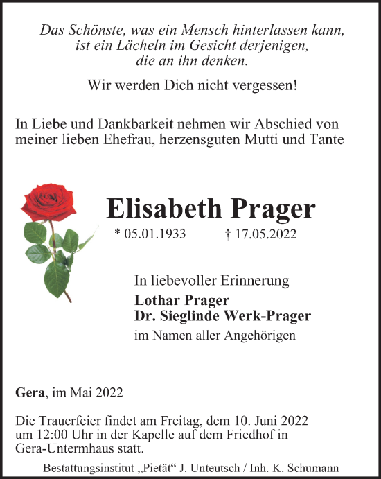 Traueranzeige von Elisabeth Prager von Ostthüringer Zeitung