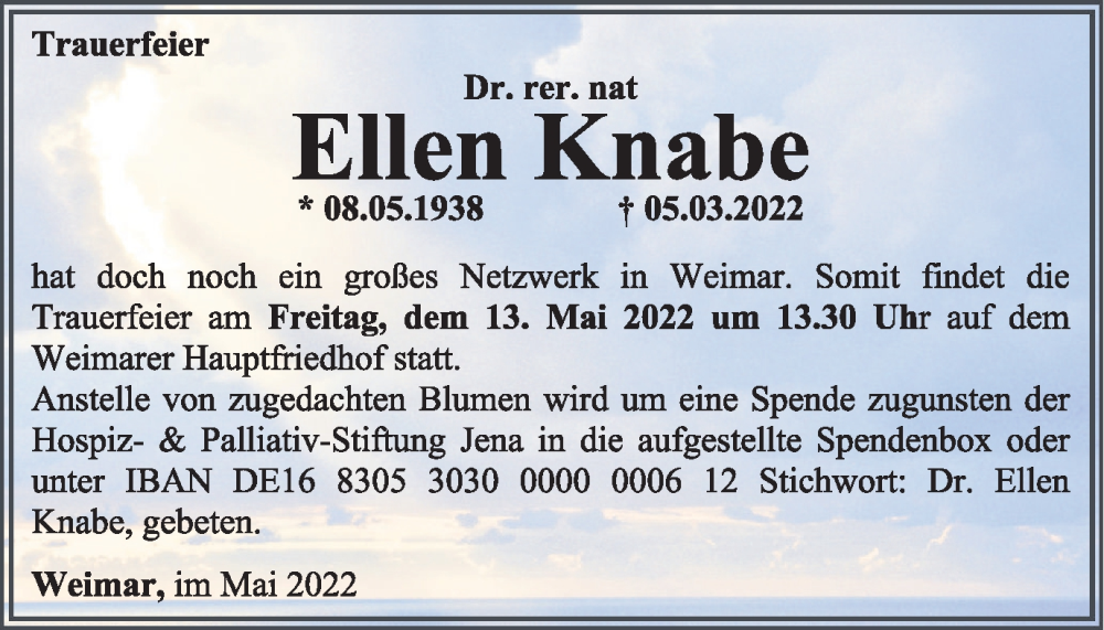  Traueranzeige für Ellen Knabe vom 07.05.2022 aus Thüringer Allgemeine, Thüringische Landeszeitung