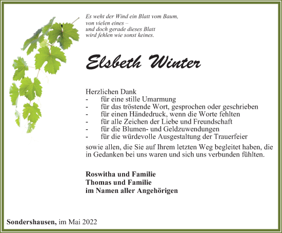 Traueranzeige von Elsbeth Winter von Thüringer Allgemeine