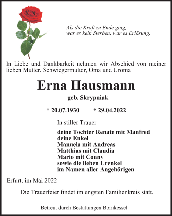 Traueranzeige von Erna Hausmann von Thüringer Allgemeine, Thüringische Landeszeitung