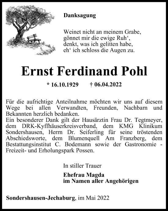 Traueranzeige von Ernst Ferdinand Pohl