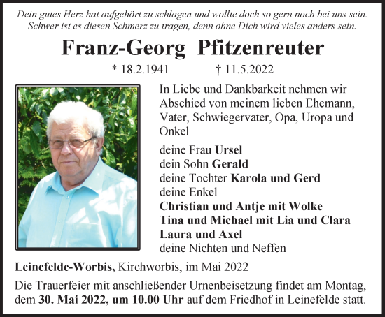 Traueranzeige von Franz-Georg Pfitzenreuter von Thüringer Allgemeine